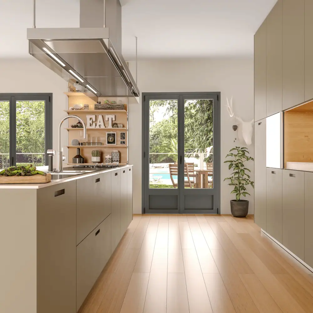 Cuisine avec fenêtres aluminium gamme Alwin Classique Ouvêo