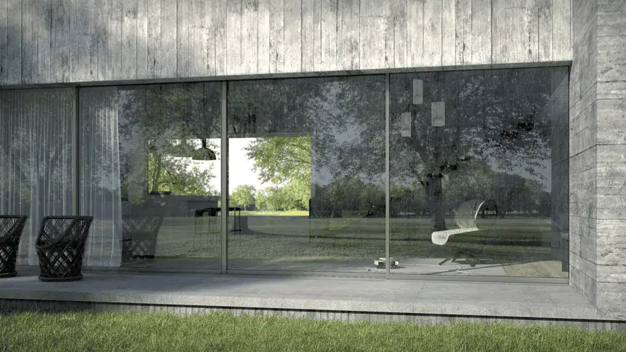 Baie vitrée aluminium gamme Alcêo Vision — vue extérieure Ouvêo